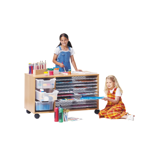 Papier-, Trocken- und Bastelwagen B/H/T: 112x72x53 cm, mit 10 Trockenrosten als Ablagen und 3 großen ErgoTray-Boxen, transparent