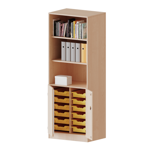 ErgoTray Kombi-Schrank, zweireihig, 5 Ordnerhöhen - evo180 Serie B/H/T: 70,3x190x50 cm, 2 OH unten mit Türen und 6 hohen ErgoTray Boxen, oben 3 OH Regal, mit Sockel (81 mm)