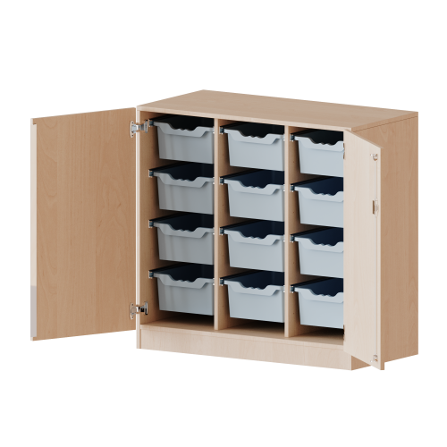 ErgoTray Schrank, dreireihig, 2,5 Ordnerhöhen - evo180 Serie Breite 104,5 cm, Gesamthöhe 100 cm, zweitürig, mit Sockel, mit 12 hohen ErgoTray Boxen
