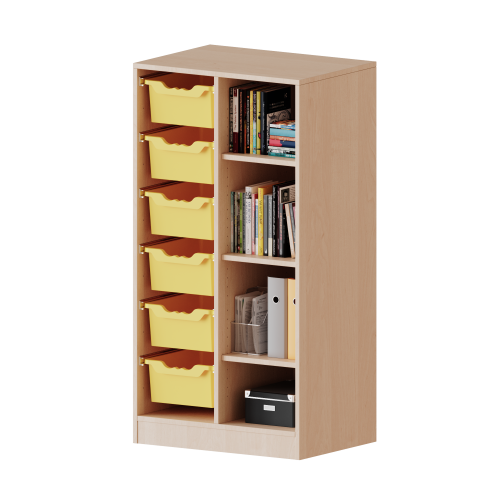 ErgoTray Regal, zweireihig, 3,5 Ordnerhöhen - evo180 Serie Breite 70,3 cm, Gesamthöhe 136 cm, mit Sockel, rechts 4 Fächer, links 6 hohe ErgoTray Boxen