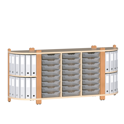 Fertigregalsystem in Stollenbauweise "Emilia" B/H/T: 189x80x40 cm, Regalsystem mit 24 ErgoTray-Kästen und 2 Viertelkreisregalen