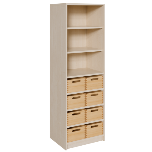 Korpus-Regal mit Materialkästen und offenen Fächern B/H/T: 52x160x40 cm, unten mit 8 Massivholz-Kästen (ohne Sichtfenster), oben Regal mit 3 Fächern