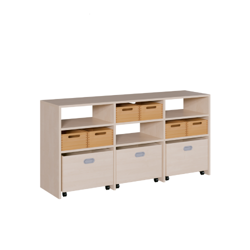 Raumteilerregal - mit 6 Massivholzkästen und 3 hohen Rollkästen B/H/T: 152x80x40 cm