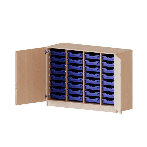 ErgoTray Schrank, vierreihig, 2,5 Ordnerhöhen - evo180 Serie B/H/T: 138,7x100x50 cm, zweiteilig, zweitürig, mit Sockel, mit 32 flachen ErgoTray Boxen