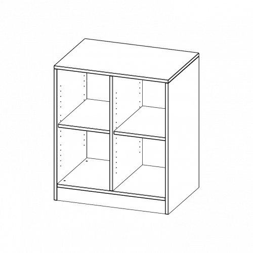 Regal, zweireihig, 2 Ordnerhöhen - evo180 Serie B/H/T: 70,3x82x50 cm, mit Sockel (81 mm) und Mittelwand, ohne Boxen, 2 Einlegeböden