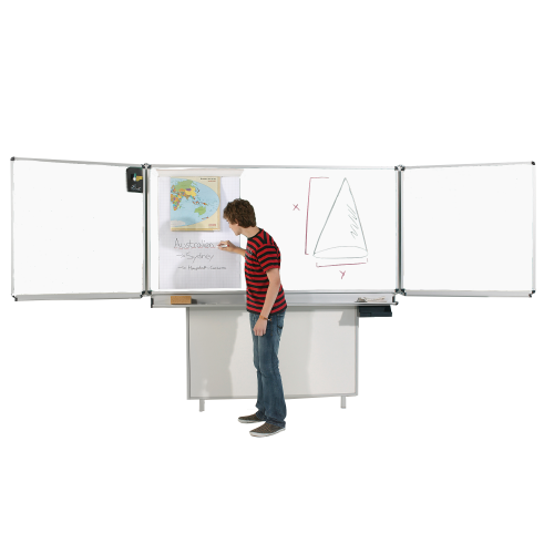 Whiteboard Wandtafel Schultafel aus Premium Stahlemaille, Serie FZ E, weiß Mittelfläche 200x100 cm, Tafelflügel 100x100 cm 6 m² Schreibfläche, mit Bodenabstützung