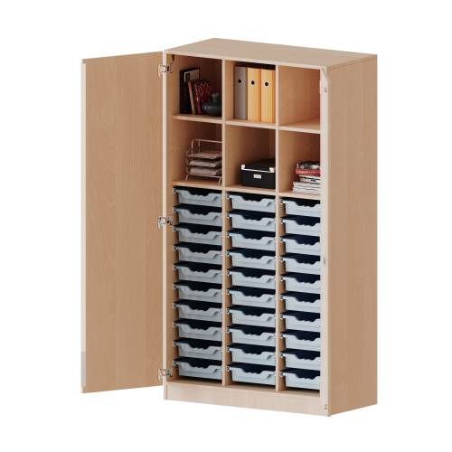 ErgoTray Schrank, dreireihig, 5 Ordnerhöhen - evo180 Serie B/H/T: 104,5x190x50 cm, zweitürig, mit Sockel (81 mm), mit 2 Mittelwänden, mit 30 flachen ErgoTray Boxen