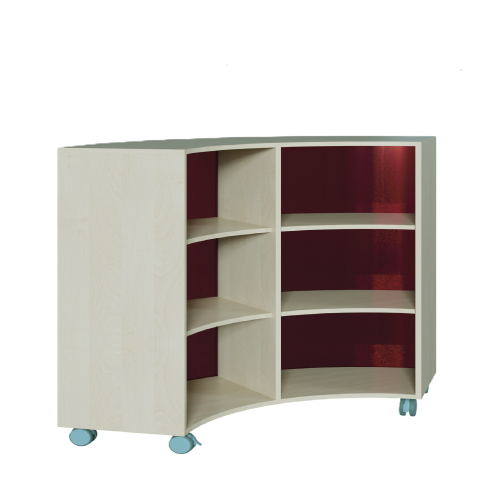 Korpus-Regal auf 1/4-Kreis-Grundriß, Rückwand aus farbiger Plexiglasplatte Bogenregal auf 90°, B/H/T: 140x122.5x57 cm, mit 6 Zwischenböden, Plexiglasmaterial als Rückwand