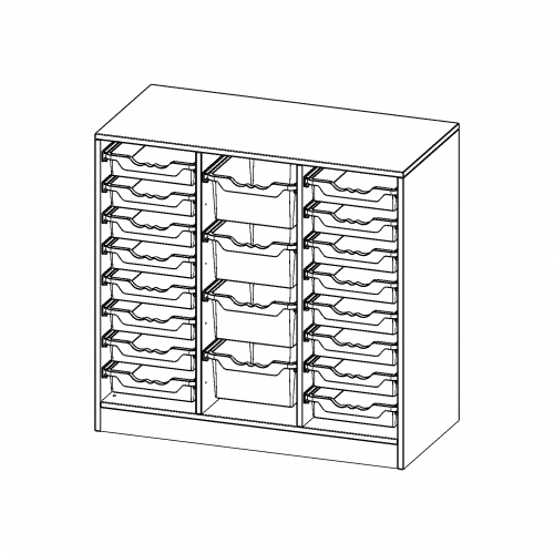 ErgoTray Regal, dreireihig, 2,5 Ordnerhöhen - evo180 Serie B/H/T: 104,5x100x50 cm, mit Sockel (81 mm), rechts und links je 8 flache, in der Mitte 4 hohe ErgoTray Boxen