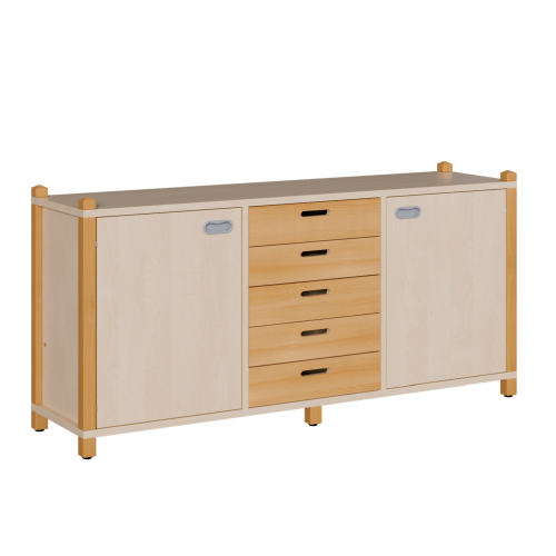 Stollen-Raumteiler mittig 5 Holzschübe, rechts und links je 1 Tür B/H/T: 156x80x40 cm, insgesamt 6 Fächer hinter Türen