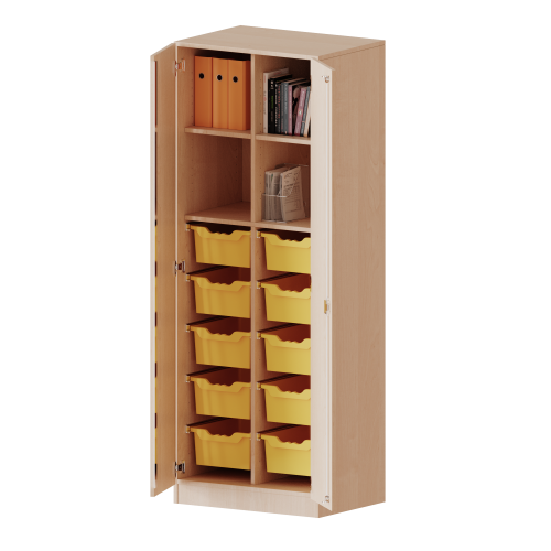 ErgoTray Schrank, zweireihig, 5 Ordnerhöhen - evo180 Serie B/H/T: 70,3x190x50 cm, zweitürig, mit Sockel (81 mm), mit Mittelwand, mit 10 hohen ErgoTray Boxen