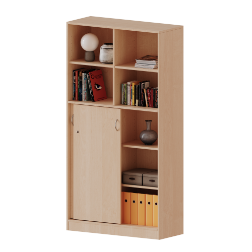 Kombischrank, 5 Ordnerhöhen, Schiebetüren unten (3 OH), oben 2 offene Fächer - Serie evo180 Gesamthöhe 190 cm, 2 Schiebetüren, abschließbar, mit Mittelwand, mit Sockel (81 mm)