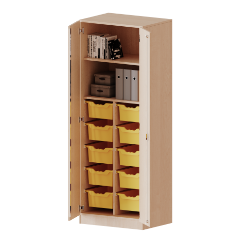 ErgoTray Schrank, zweireihig, 5 Ordnerhöhen - evo180 Serie B/H/T: 70,3x190x50 cm, zweitürig, mit Sockel (81 mm), mit 10 hohen ErgoTray Boxen