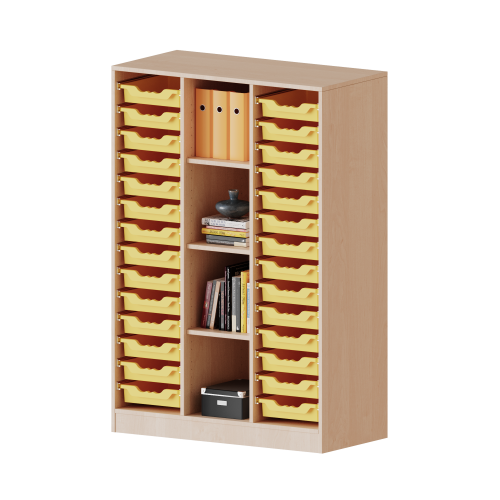 ErgoTray Regal, dreireihig, 4 Ordnerhöhen - evo180 Serie Breite 104,5 cm, Gesamthöhe 154 cm, mit Sockel, rechts und links je 14 flache ErgoTray Boxen, 4 Fächer in der Mitte ErgoTray Regal, dreireihig, 4 Ordnerhöhen - evo180 Serie Breite 104,5 cm, Gesamthöhe 154 cm, mit Sockel, rechts und links je 14 flache ErgoTray Boxen, 4 Fächer in der Mitte