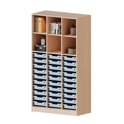 ErgoTray Regal, dreireihig, 5 Ordnerhöhen - evo180 Serie Breite 104,5 cm, Gesamthöhe 190 cm, mit Sockel (81 mm) und Mittelwand, unten 30 flache ErgoTray Boxen, oben 3 Einlegeböden ErgoTray Regal, dreireihig, 5 Ordnerhöhen - evo180 Serie Breite 104,5 cm, Gesamthöhe 190 cm, mit Sockel (81 mm) und Mittelwand, unten 30 flache ErgoTray Boxen, oben 3 Einlegeböden