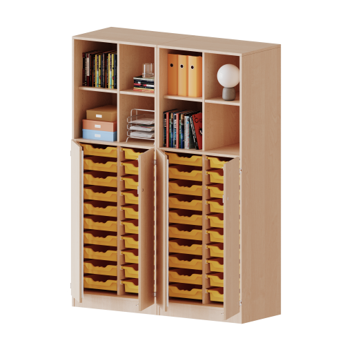 ErgoTray Kombi-Schrank, vierreihig, zweiteilig, 5 Ordnerhöhen - evo180 Serie B/H/T: 140,6x190x50 cm, unten 3 OH Türen und 40 flache ErgoTray Boxen, oben 2 OH Regal, mit Sockel (81 mm), 2 Mittelwände