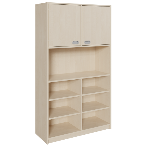 Korpus-Schrank mit 1 Doppeltür Schränke in 2 Breiten und 2 Höhen, oben 2 Türen mit Einlegeböden, unten Regalfächer, Mitte mit großem offenem Fach