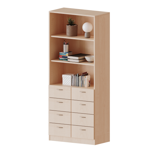 Schubladen - Kombischrank, 5 Ordnerhöhen - Serie evo180 Gesamthöhe 190 cm, 8 Schubladen unten, oben 3 offene Fächer, mit Sockel (81 mm)