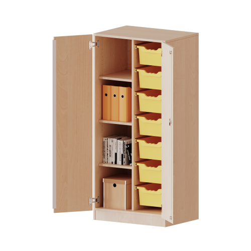 ErgoTray Schrank, zweireihig, 4 Ordnerhöhen - evo180 Serie B/H/T: 70,3x154x50 cm, zweitürig, mit Sockel (81 mm), mit 7 hohen ErgoTray Boxen