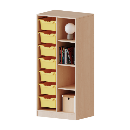 ErgoTray Regal, zweireihig, 4 Ordnerhöhen - evo180 Serie Breite 70,3 cm, Gesamthöhe 154 cm, mit Sockel, rechts 4 Fächer, links 7 hohe ErgoTray Boxen ErgoTray Regal, zweireihig, 4 Ordnerhöhen - evo180 Serie Breite 70,3 cm, Gesamthöhe 154 cm, mit Sockel, rechts 4 Fächer, links 7 hohe ErgoTray Boxen