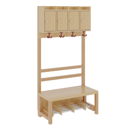 Komplettgarderobe mit Ablagen und Türen offene Stütze in Buche-massiv, Aluminiumrost mit Facheinteilung, T: 39 cm