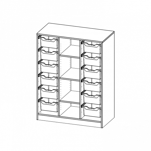 ErgoTray Regal, dreireihig, 3,5 Ordnerhöhen - evo180 Serie B/H/T: 104,5x136x50 cm, mit Sockel (81 mm), rechts und links je 6 hohe ErgoTray Boxen, 4 Fächer in der Mitte