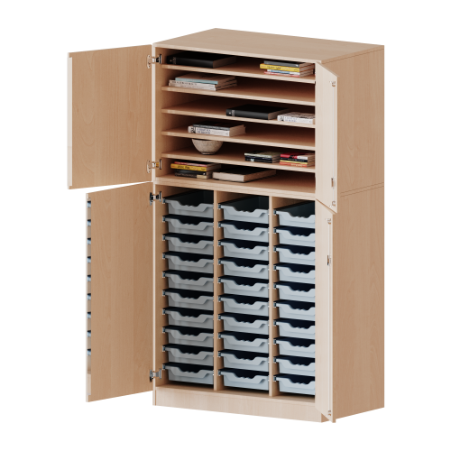 Bastelschrank, 5 Ordnerhöhen - Serie evo180 4-türiger Schrank mit 30 flachen ErgoTray Boxen, zweiteilig