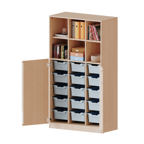 ErgoTray Kombi-Schrank, dreireihig, 5 Ordnerhöhen - evo180 Serie B/H/T: 104,5x190x50 cm, unten 3 OH Türen und 15 hohe ErgoTray Boxen, oben 2 OH Regal, Sockel, 2 Mittelwände
