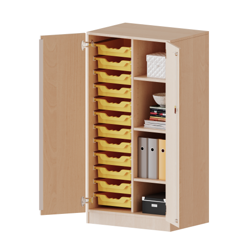 ErgoTray Schrank, zweireihig, 3,5 Ordnerhöhen - evo180 Serie B/H/T: 70,3x136x50 cm, zweitürig, mit Sockel (81 mm), mit 12 flachen ErgoTray Boxen ErgoTray Schrank, zweireihig, 3,5 Ordnerhöhen - evo180 Serie B/H/T: 70,3x136x50 cm, zweitürig, mit Sockel (81 mm), mit 12 flachen ErgoTray Boxen