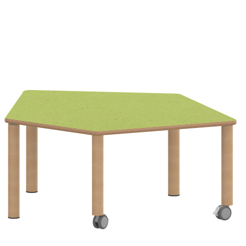 Tisch ZALOTTI mit Linoleum-Belag Fünfecktisch-klein, Stellfläche B/T: 121x110 cm, Höhen 25…76 cm, Massivholzbeine Ø 60 mm, Fußvariante: fahrbar