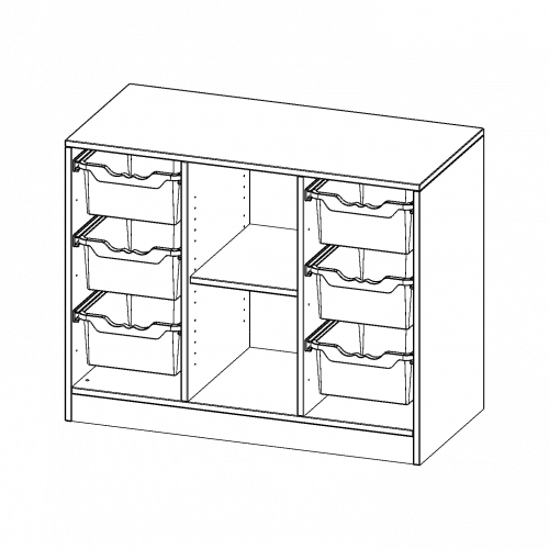 ErgoTray Regal, dreireihig, 2 Ordnerhöhen - evo180 Serie B/H/T: 104,5x82x50 cm, mit Sockel (81 mm), rechts und links je 3 hohe ErgoTray Boxen, 2 Fächer in der Mitte