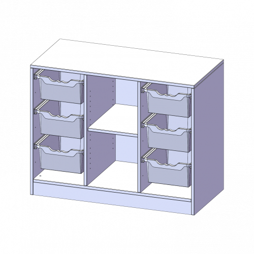 ErgoTray Regal, dreireihig, 2 Ordnerhöhen - evo180 Serie B/H/T: 104,5x82x50 cm, mit Sockel (81 mm), rechts und links je 3 hohe ErgoTray Boxen, 2 Fächer in der Mitte