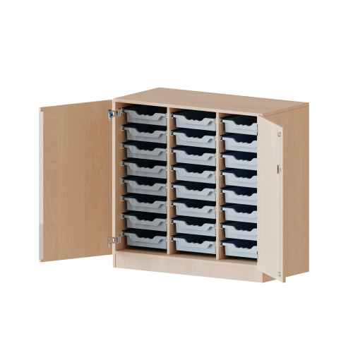 ErgoTray Schrank, dreireihig, 2,5 Ordnerhöhen - evo180 Serie Breite 104,5 cm, Gesamthöhe 100 cm, zweitürig, mit Sockel, mit 24 flachen ErgoTray Boxen