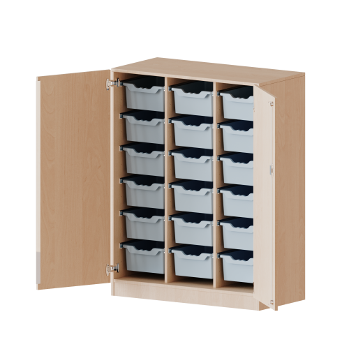 ErgoTray Schrank, dreireihig, 3,5 Ordnerhöhen - evo180 Serie B/H/T: 104,5x136x50 cm, zweitürig, mit Sockel (81 mm), mit 18 hohen ErgoTray Boxen