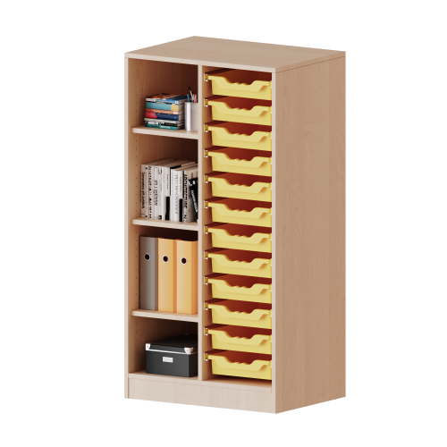 ErgoTray Regal, zweireihig, 3,5 Ordnerhöhen - evo180 Serie Breite 70,3 cm, Gesamthöhe 136 cm, mit Sockel, links 4 Fächer, rechts 12 flache ErgoTray Boxen ErgoTray Regal, zweireihig, 3,5 Ordnerhöhen - evo180 Serie Breite 70,3 cm, Gesamthöhe 136 cm, mit Sockel, links 4 Fächer, rechts 12 flache ErgoTray Boxen