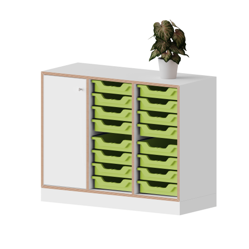 qickly® Schrank, 2 Ordnerhöhen, Linke Tür mit Schloss, 16 kleine Ergo Tray Boxen B/H/T: 104,2x74,3x42,6 cm