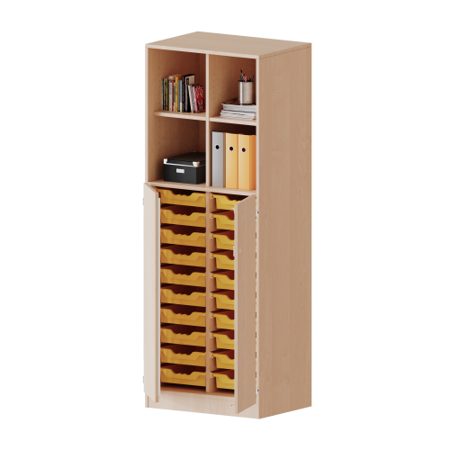 ErgoTray Kombi-Schrank, zweireihig, 5 Ordnerhöhen - evo180 Serie B/H/T: 70,3x190x50 cm, unten 3 OH Türen und 20 flache ErgoTray Boxen, oben 2 OH Regal, Sockel, mit Mittelwand ErgoTray Kombi-Schrank, zweireihig, 5 Ordnerhöhen - evo180 Serie B/H/T: 70,3x190x50 cm, unten 3 OH Türen und 20 flache ErgoTray Boxen, oben 2 OH Regal, Sockel, mit Mittelwand