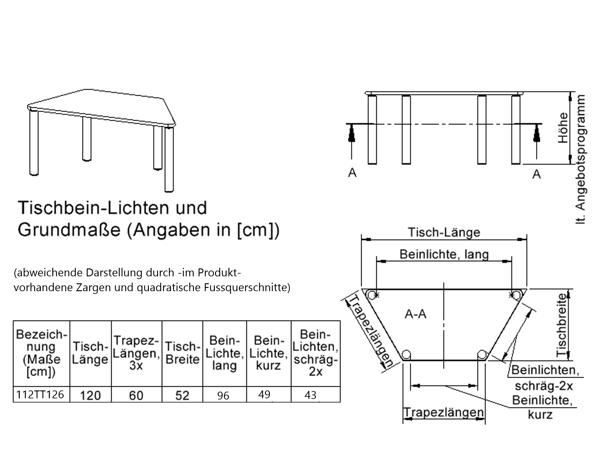 Trapeztisch mit Massivholzgestell und Schichtstoffplatte B/T: 120x60 cm, in 7 Tischhöhen lieferbar