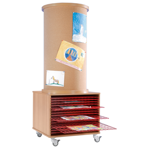 Mobile Kork-Litfaßsäule mit 15 roten Trockengittern und rückseitigem Regal B/H/T: 77x190x77 cm Mobile Kork-Litfaßsäule mit 15 roten Trockengittern und rückseitigem Regal B/H/T: 77x190x77 cm