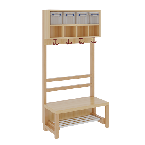 Komplettgarderobe mit doppelter Ablagereihe inklusive Boxen B/H/T: 80x158x39 cm, 4 Plätze, Sitzhöhe: 42 cm, offene Stütze in Buche-massiv, mit Schuhrost aus Aluminiumrohren