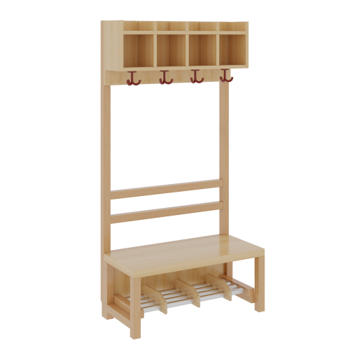 Komplettgarderobe mit einfacher Ablagereihe offene Stütze in Buche-massiv, Aluminiumrost, wahlweise Facheinteilung, T: 39 cm