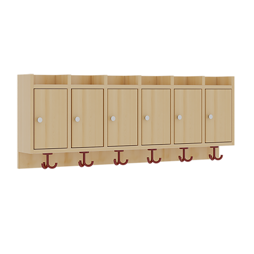 Garderobenablage mit Türen B/H/T: 120x46x27 cm, aus feuerhemmendem Material, 6 Fächer mit Türen, darunter 3fach-Haken, oben offene Unterteilungen