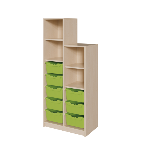 Korpus-Regal "SideStep", Regale und Boxen B/H/T: 70,5x120/160x40 cm, in stufenartiger Kontur, mit 8 Boxen und Regalfächern, hohe Seite links