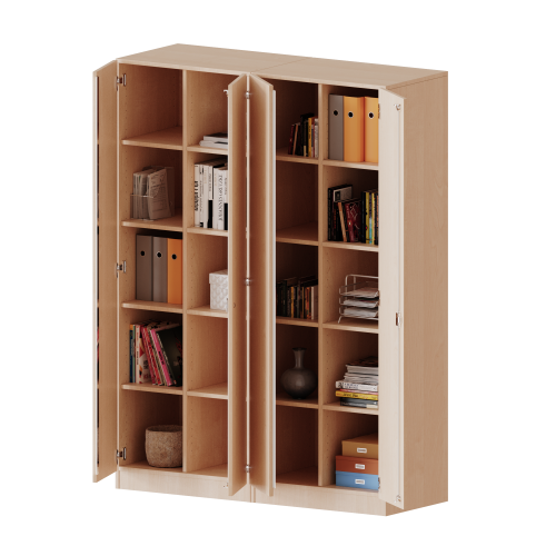 ErgoTray Schrank, zweiteilig, vierreihig, 5 Ordnerhöhen - evo180 Serie B/H/T: 140,6x190x50 cm, viertürig, zweiteilig, mit Sockel (81 mm), mit 2 Mittelwänden, ohne Boxen