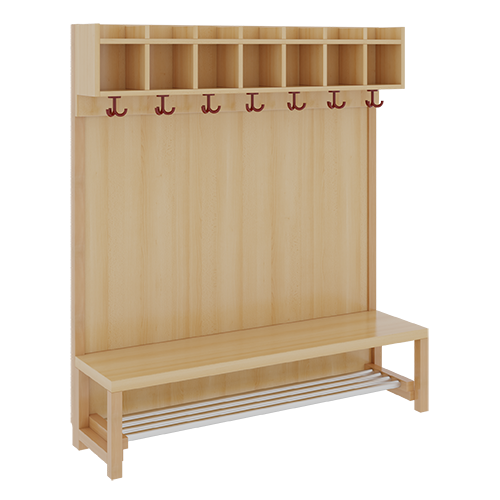 Komplettgarderobe mit einfacher Ablagereihe B/H/T: 140x130x39 cm, 7 Plätze, Sitzhöhe: 34 cm, Stütze mit Paneelrückwand, mit Schuhrost aus Aluminiumrohren