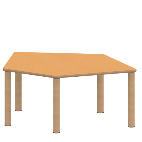 Tisch ZALOTTI mit Linoleum-Belag Fünfecktisch-klein, Stellfläche B/T: 121x110 cm, Höhen 25…76 cm, Massivholzbeine Ø 60 mm, Fußvariante: Stellfuß