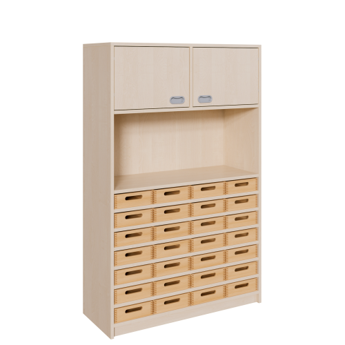 Korpus-Kombischrank mit Materialkästen und 2 Türen Korpus-Kombischränke in 2 Breiten und 2 Höhen, Massivholz-Kästen in entsprechender Anzahl, oben Türen mit 2 Fächern, offenes Fach