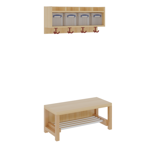 Komplettgarderobe mit einfacher Ablage inklusive Boxen ohne Stütze, zweiteilig, Ablage zur Wandmontage, Aluminiumrost, wahlweise Facheinteilung, T: 35 cm