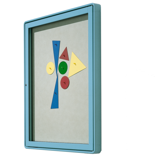 Vitrine W4 mit Flügeltür, Außenwandmontage B/H/T: 82x107x13 cm, Rückwand aus Lederstruktur auf Kork, Anschlag links