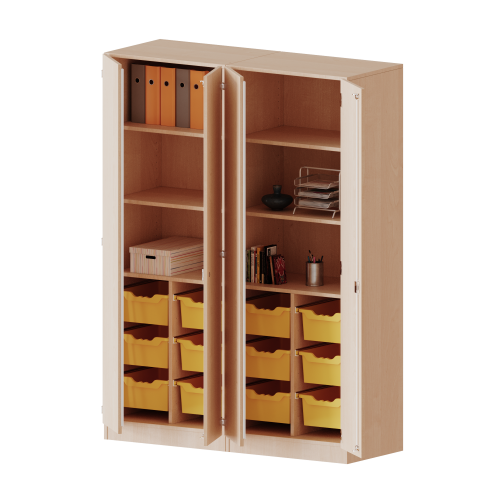 ErgoTray Schrank, zweiteilig, vierreihig, 5 Ordnerhöhen - evo180 Serie B/H/T: 140,6x190x50 cm, viertürig, zweiteilig, mit Sockel (81 mm), mit Mittelwand, mit 12 hohen ErgoTray Boxen